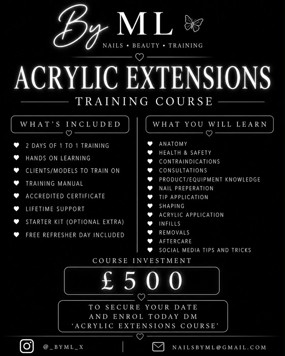 Acrylic extensions training course poster; details transcribed above