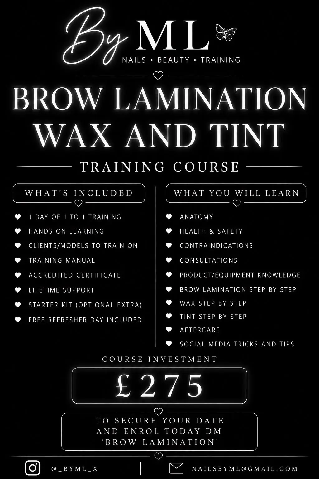 Brow lamination wax tint training course poster; details transcribed above