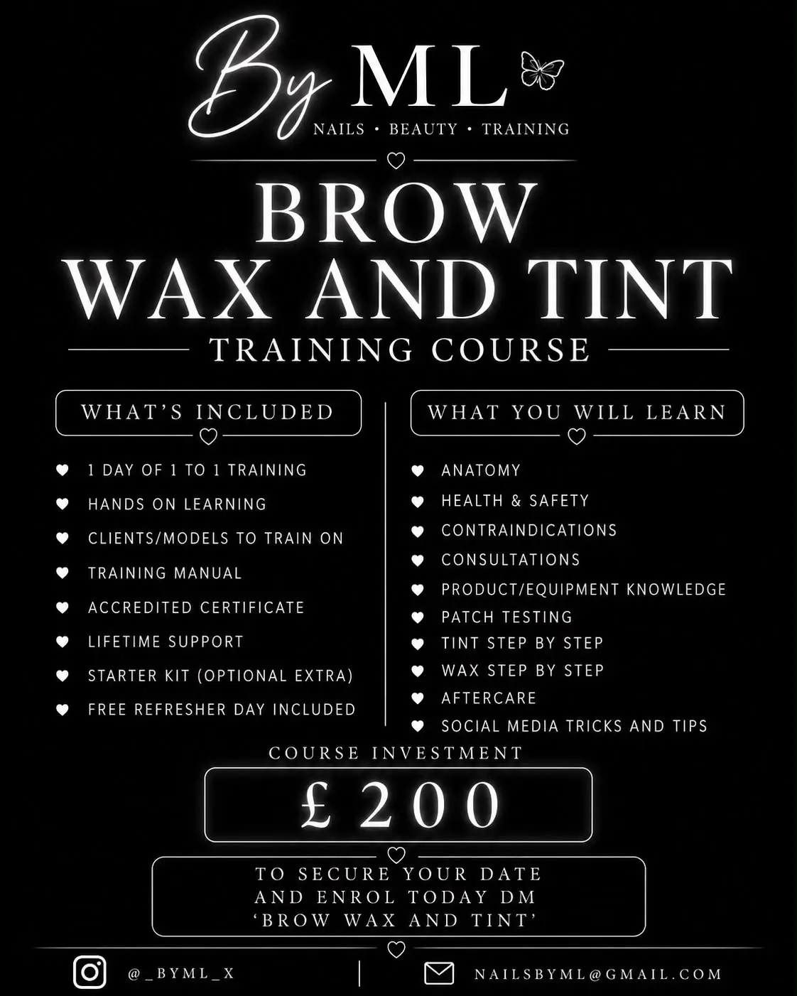 Brow wax tint training course poster; details transcribed above