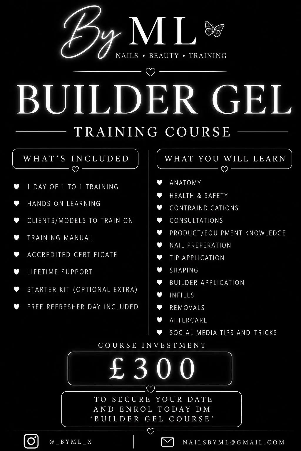 Builder gel training course poster; details transcribed above