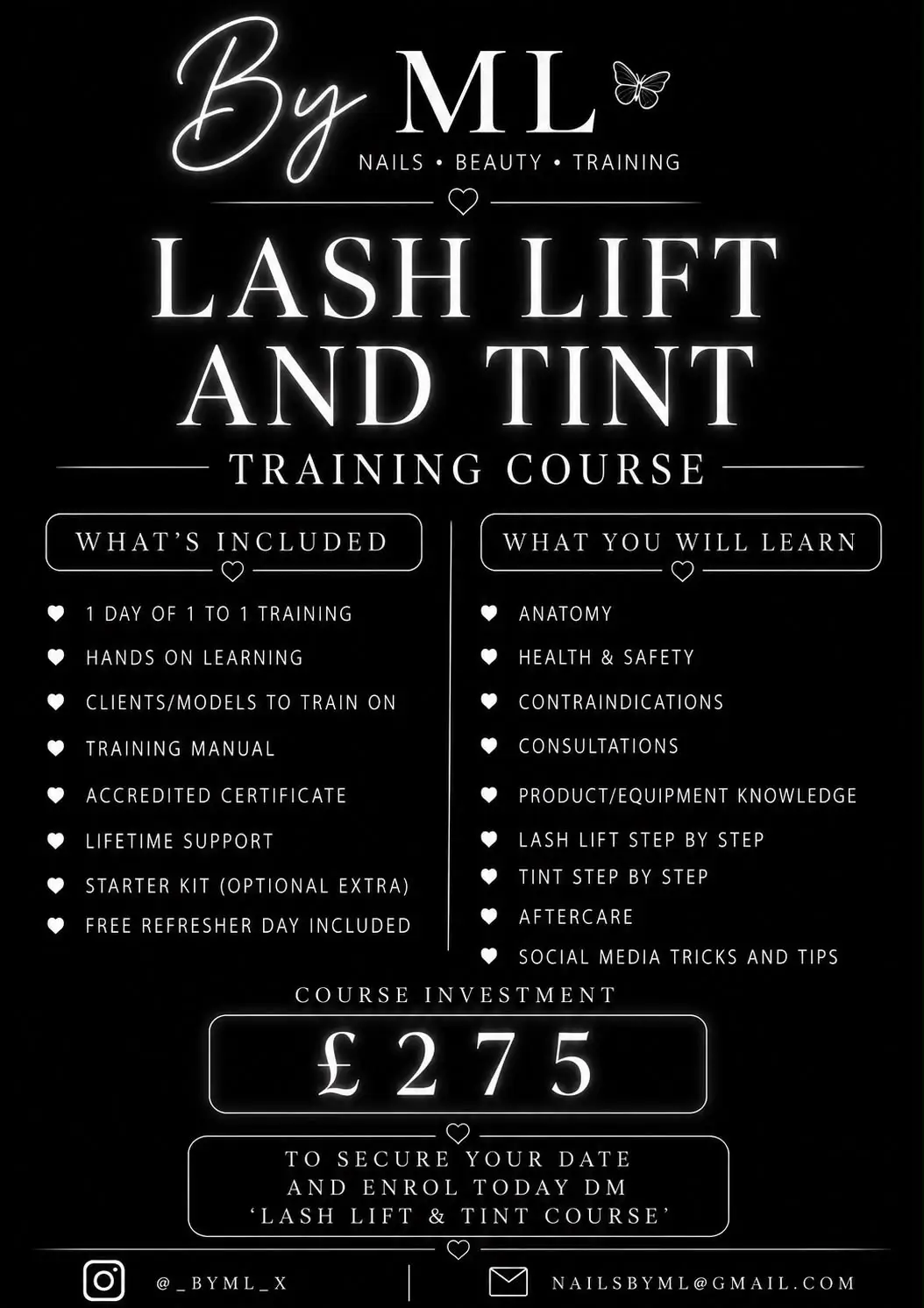 Lash lift tint training course poster; details transcribed above