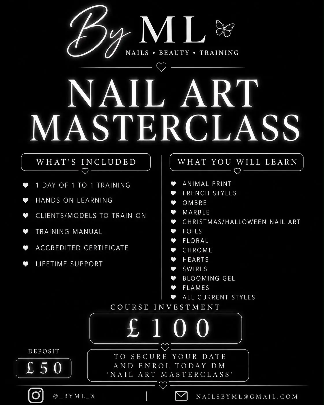 Nail art masterclass training course poster; details transcribed above